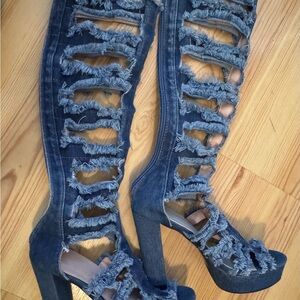 Distressed Denim Knee-High Heeled Platform Boots